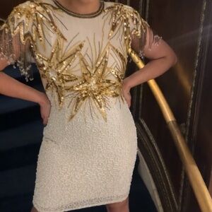 NITELINE VINTAGE SEQUIN/BEADED SILK CREAM & GOLD STARBURST DRESS